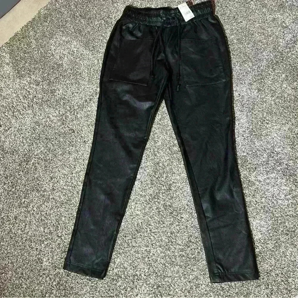 VERSONA Womens Black Faux Leather Elastic Waist Pull On Pants Size XS NWT